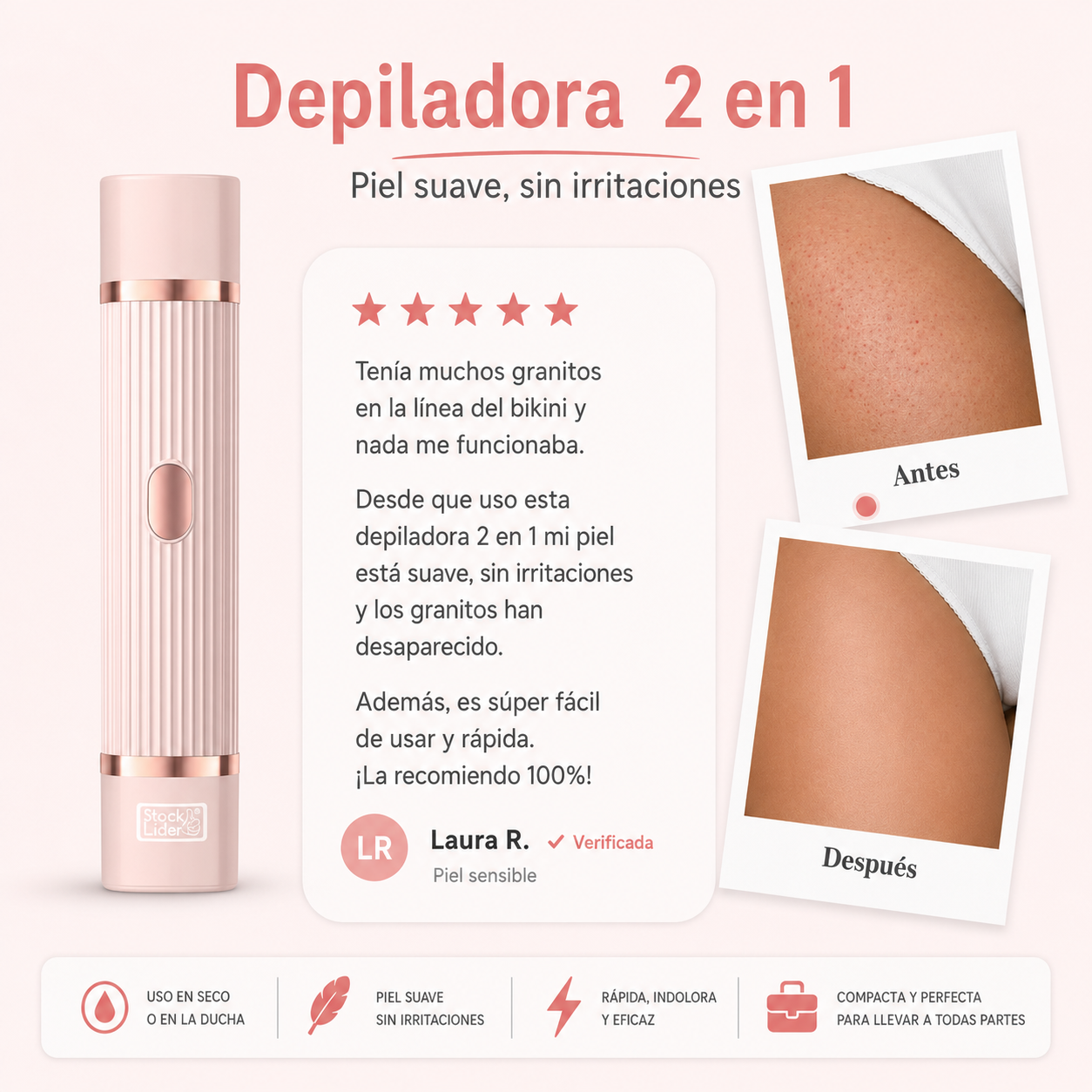 Depiladora Multifuncional 2 en 1: Piel Suave al Instante, Sin Dolor y Sin Irritación