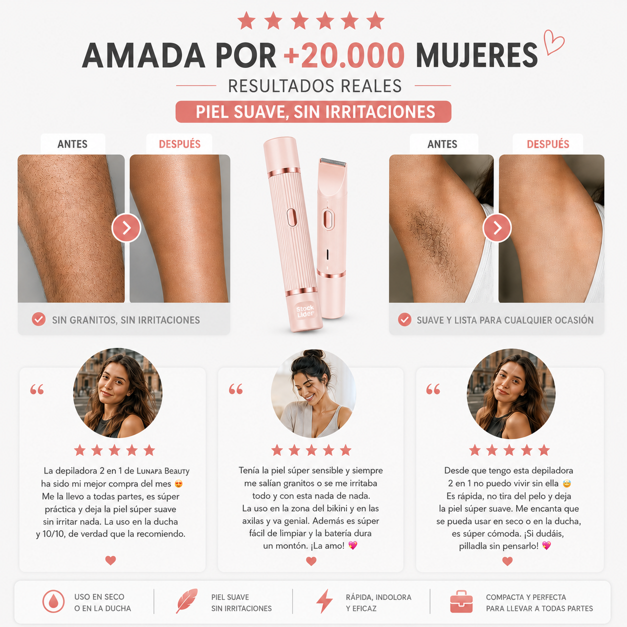 Depiladora Multifuncional 2 en 1: Piel Suave al Instante, Sin Dolor y Sin Irritación